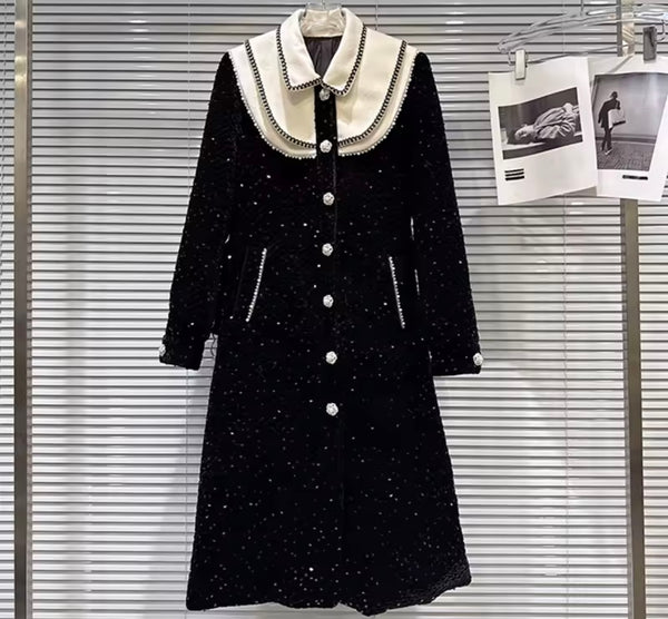 Women Fashion B&W Sequence Pearl Button Up Trench Jacket