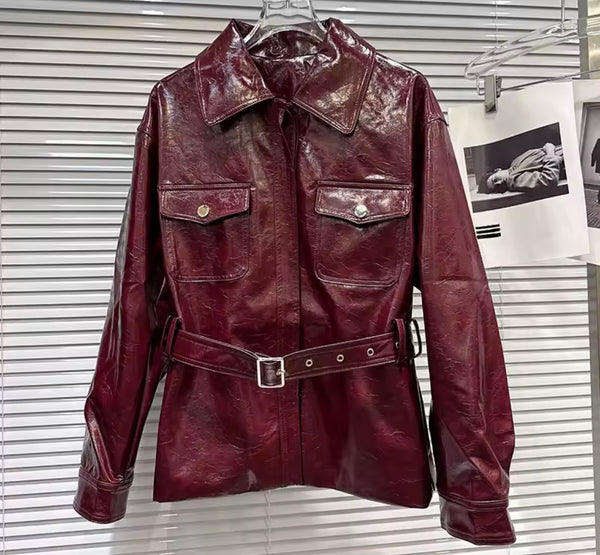 Women Faux Leather Zip Up Belted Fashion Jacket