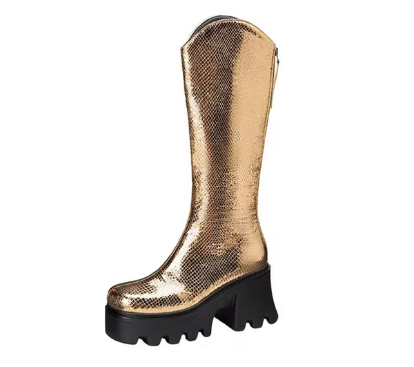 Women Fashion Metallic Zip Up Platform Knee High Boots