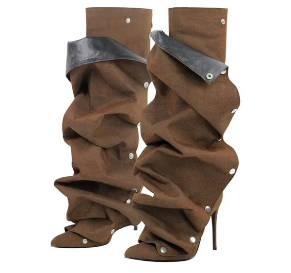 Women Fashion Button Ruched Knee High Boots