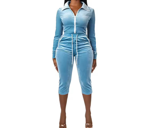 Women Velour Striped Zip Up Two Piece Capri Pant Set