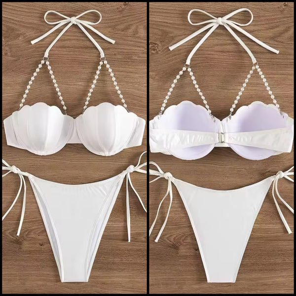 Women Sexy White Pearl Tie Up Bikini Swimsuit