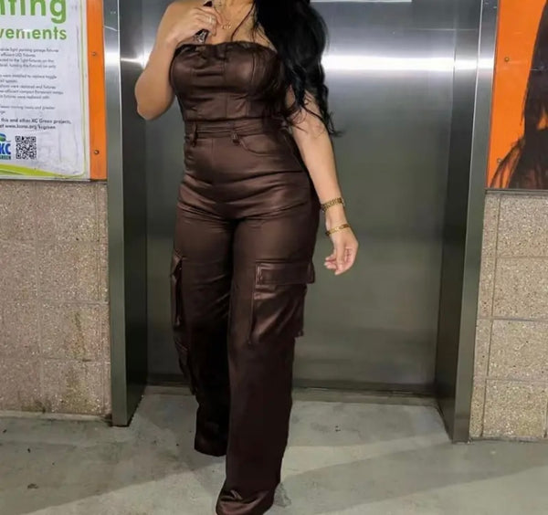 Women Sexy Strapless Faux Leather Cargo Jumpsuit