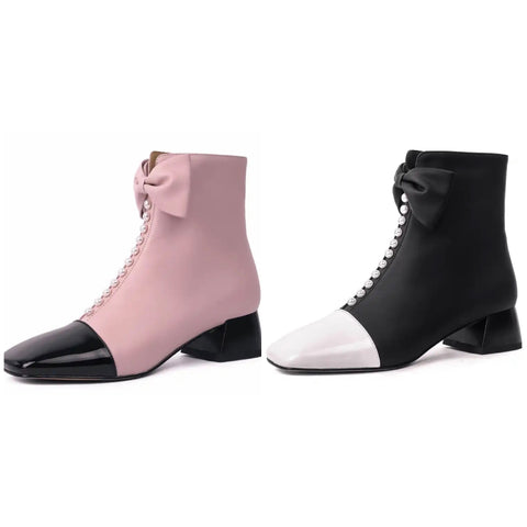 Women Fashion Pearl Bow Ankle Boots