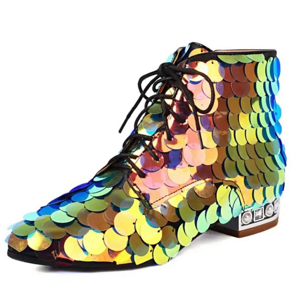 Women Fashion Lace Up Sequins Ankle Boots