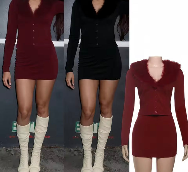 Women Fur Patchwork Button Up Full Sleeve Two Piece Skirt Set