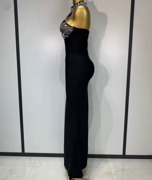 Women Black Crystal Mesh Sexy Halter Sleeveless Maxi Dress