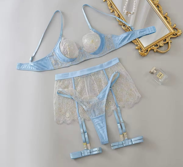 Women Blue Sexy Mesh Lingerie Set