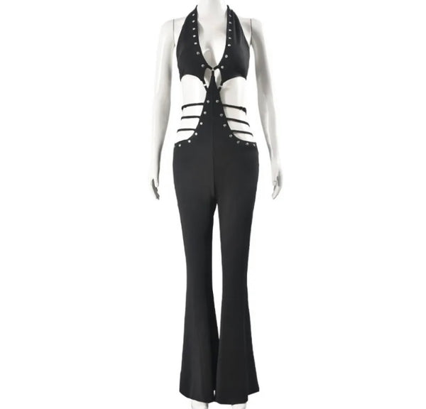 Women Black Sexy Halter Sleeveless Rivet Cut Out Jumpsuit