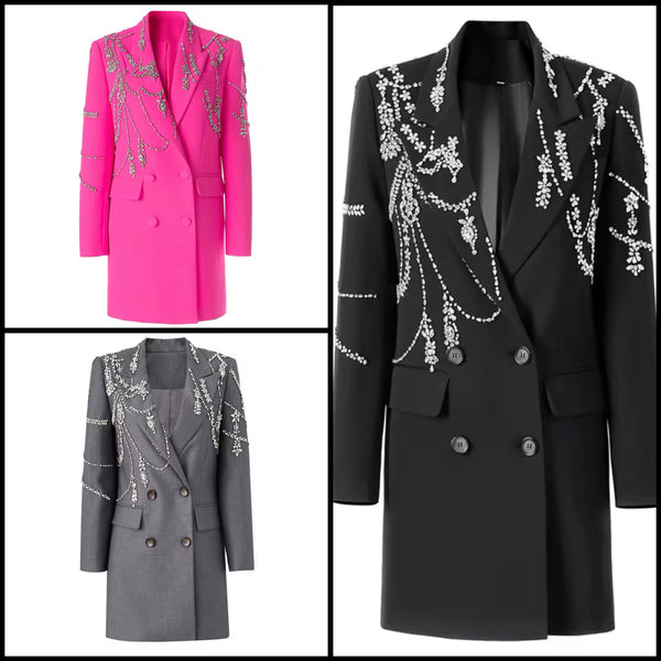 Women Fashion Rhinestone Patchwork Blazer Jacket