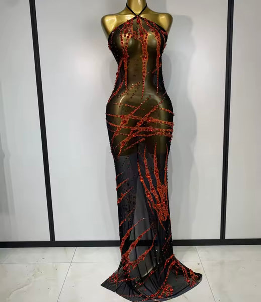 Women Black Halter Sleeveless Red Rhinestone Sexy Maxi Dress