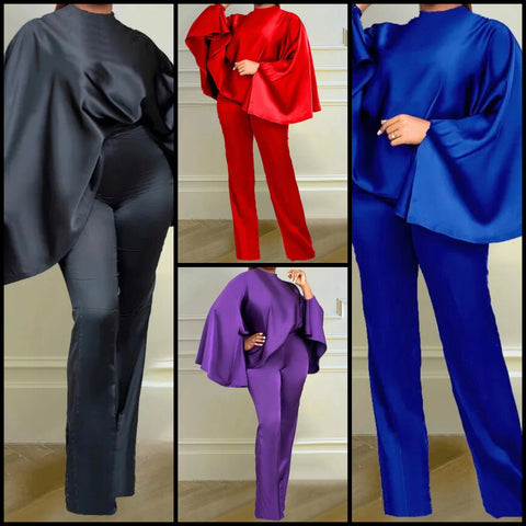 Women Sexy Satin Solid Color Batwing Two Piece Pant Set