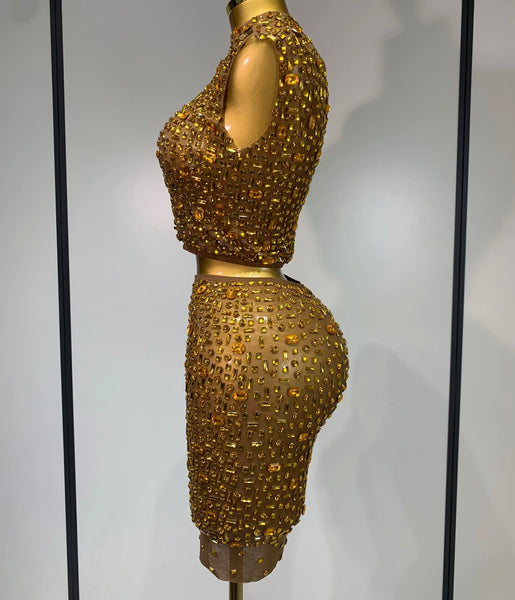 Women Sexy Sleeveless Crystal Mesh Two Piece Skirt Set