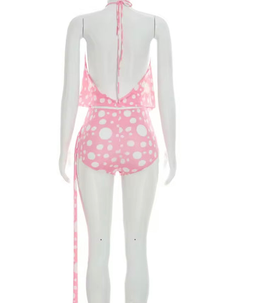 Women Sexy Halter Sleeveless Tassel Polka Dot Two Piece Short Set