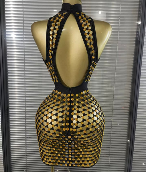 Women Sleeveless Open Back Rhinestone See Through Dress