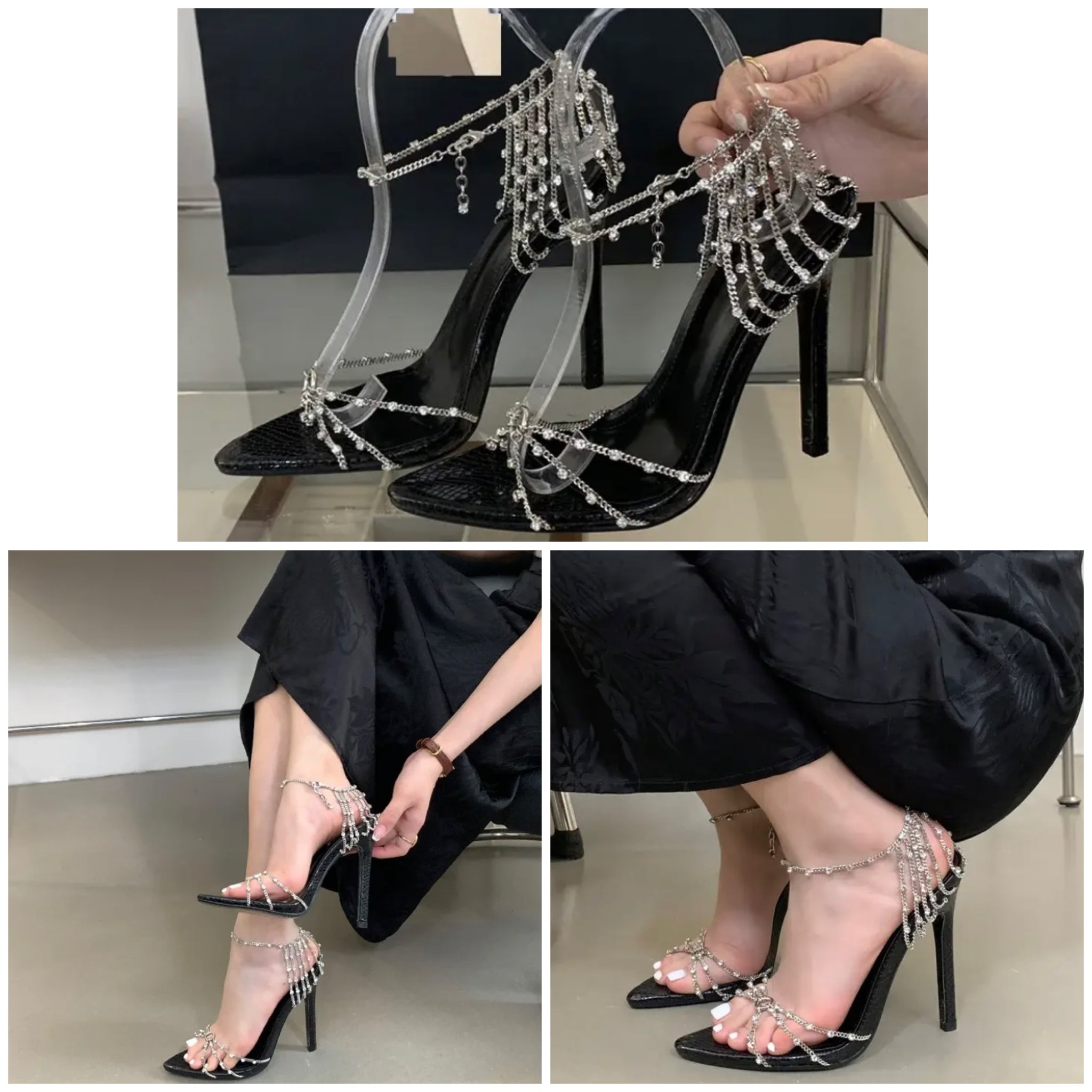 Women Fashion Chain Bling High Heel Sandals