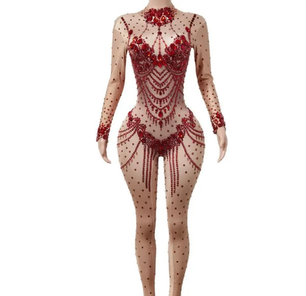 Women Sexy Beaded Crystal Full Sleeve Jumpsuit