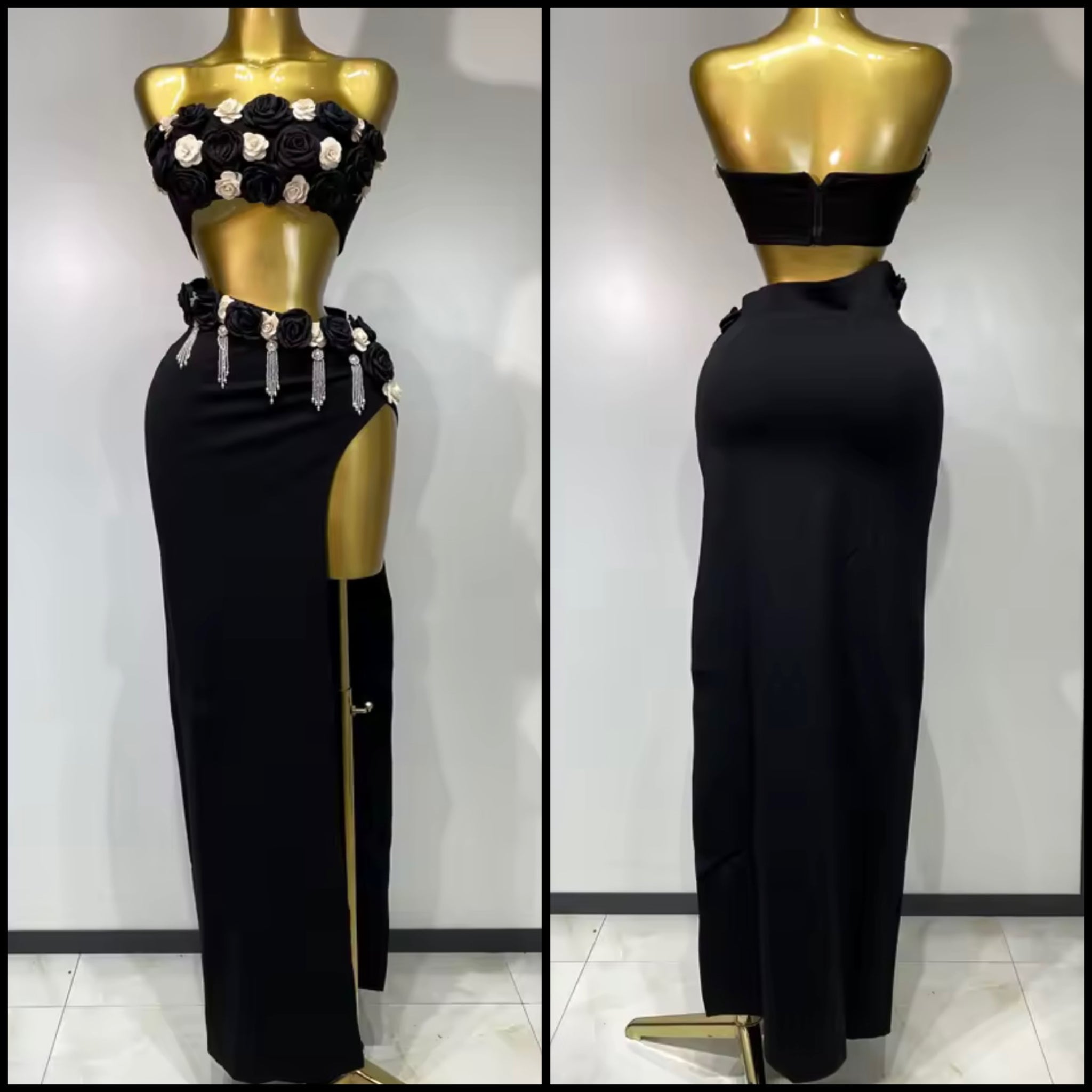 Women Sexy Strapless 3D Floral Black Bling Two Piece Maxi Skirt Set