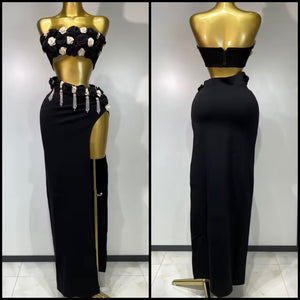 Women Sexy Strapless 3D Floral Black Bling Two Piece Maxi Skirt Set