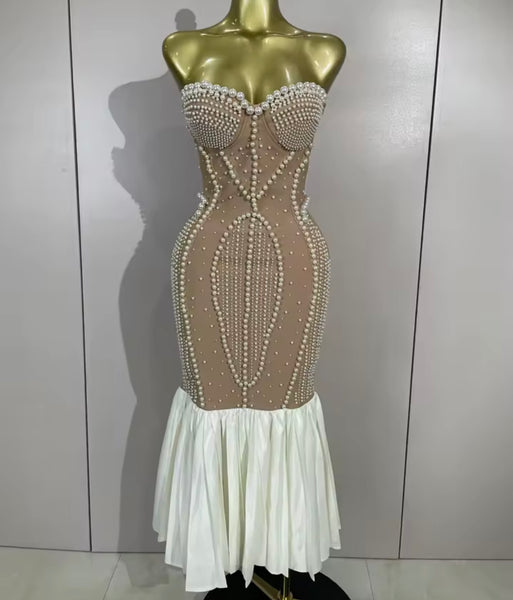 Women Sexy Strapless Rhinestone Pearl Mermaid Maxi Dress