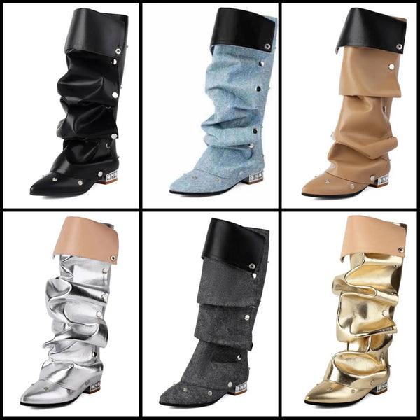 Women Fashion Flat Button Knee High Boots