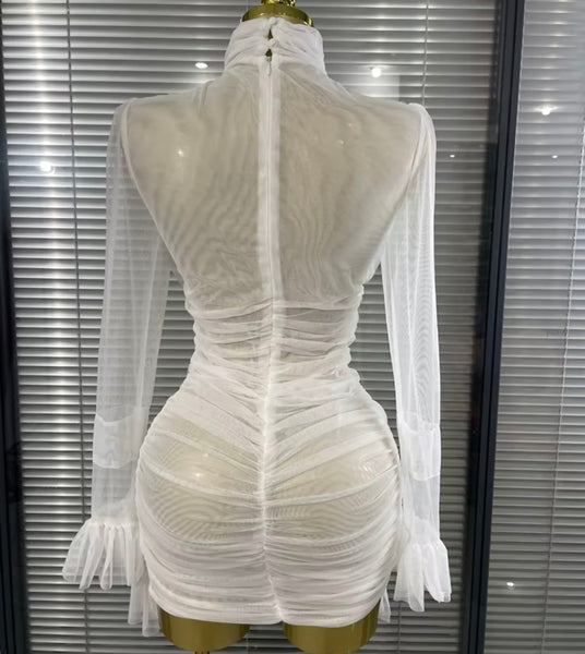 Women White Sexy Ruffled Ruched Mesh Full Sleeve Dress