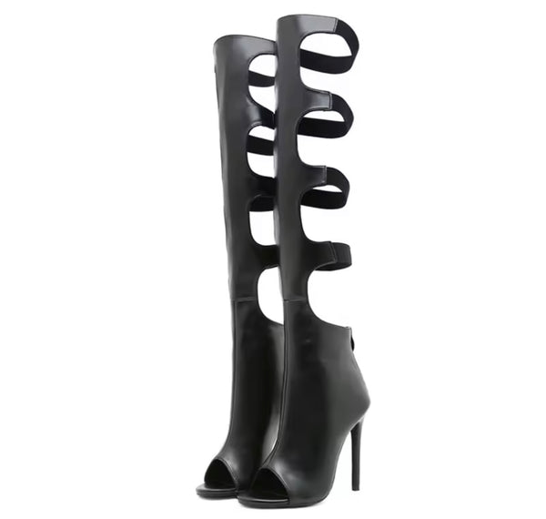 Women Fashion Black Hollow Out Open Toe Knee High Boots