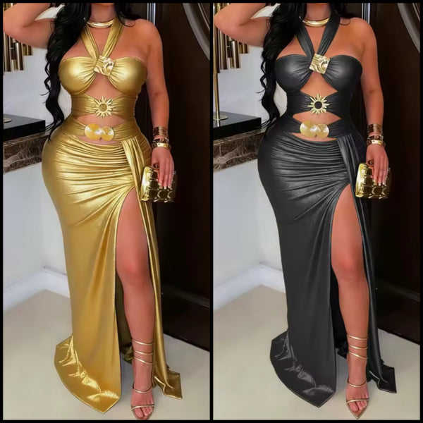 Women Sexy Metallic Halter Sleeveless Cut Out Maxi Dress