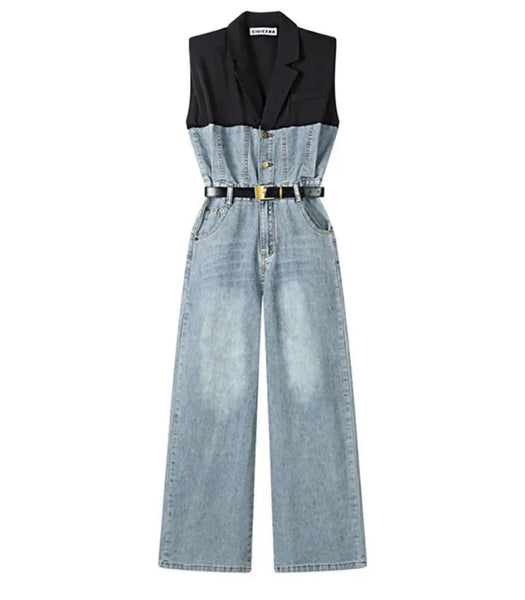 Women Fashion Sleeveless Button Up Denim Jumpsuit