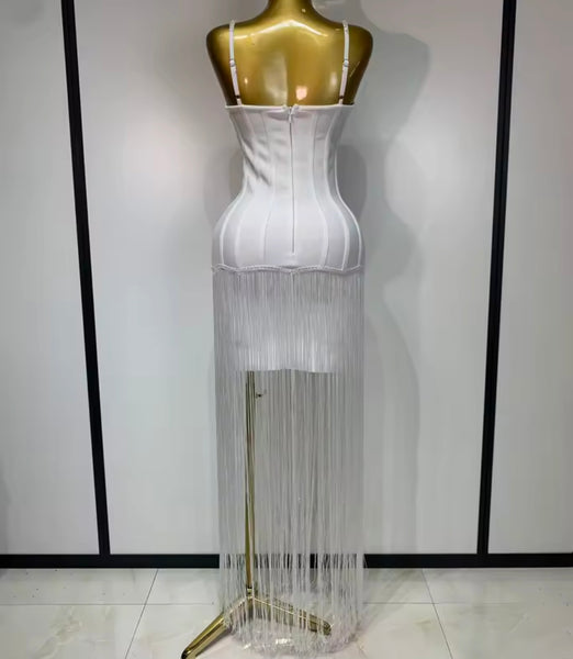Women Rhinestone Sleeveless Fringe Tassel Sexy Maxi Dress