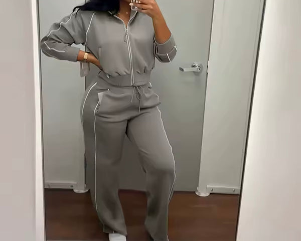 Women Fashion Striped Zip Up Tracksuit Two Piece Pant Set