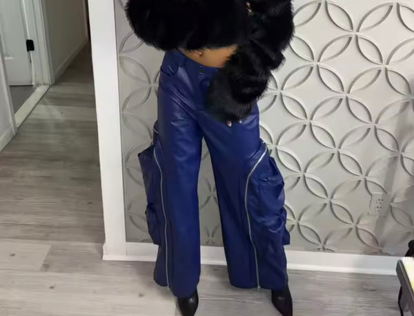Women Fashion Color Zipper Cargo Faux Leather Pants