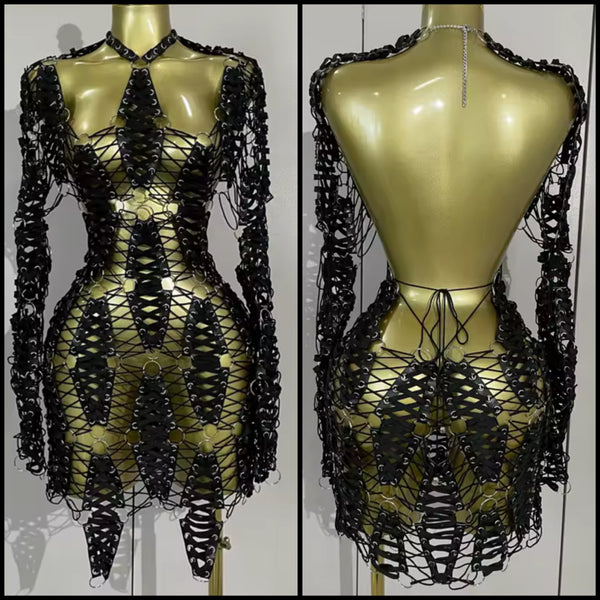 Women Black PU Lace Up Metal Open Back Full Sleeve Dress