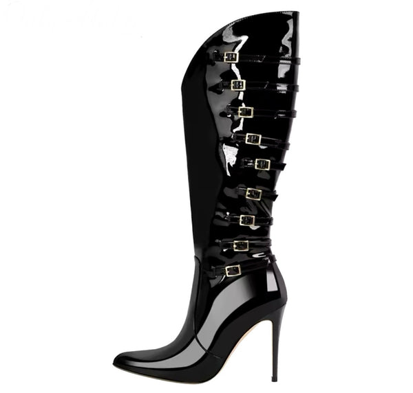 Women Black Buckled Patent Leather High Heel Boots