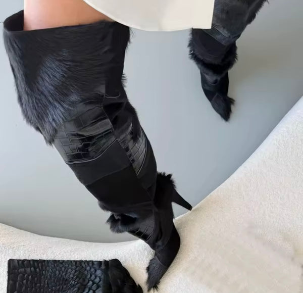 Women Over The Knee Fur Patchwork High Heel Boots