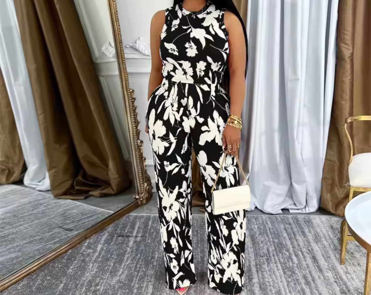 Women Sleeveless Color Floral Print Two Piece Pant Set