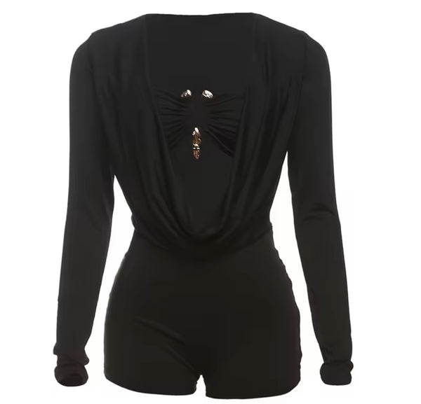 Women Sexy Metal Full Sleeve Color Cut Out Romper