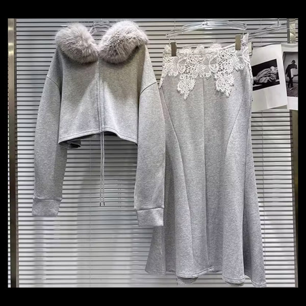 Women Fur Hooded Drawstring Gray Two Piece Pant Set