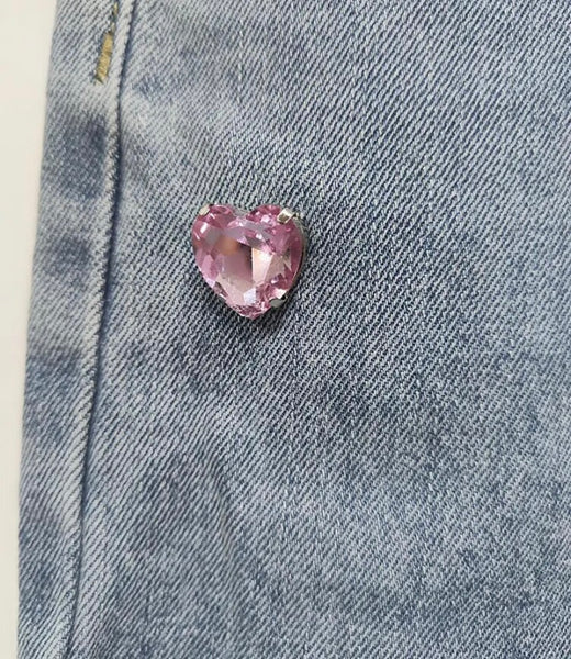 Women Fashion Pink Crystal Heart Patchwork Denim Pants