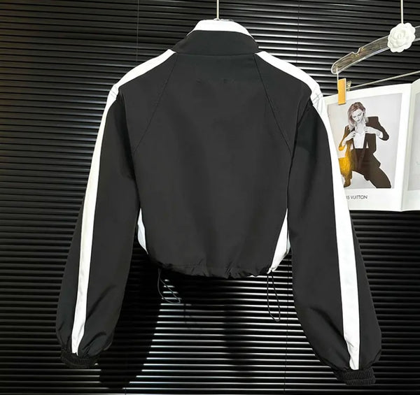 Women Fashion Color Patchwork Zip Up Jacket