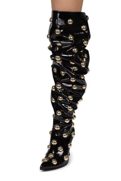 Women Fashion Black Gold Metal Over The Knee Boots