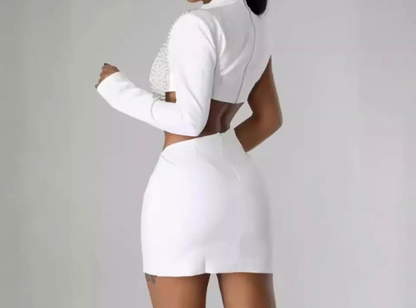 Women Sexy One Shoulder Full Sleeve Cut Out Pearl White Dress