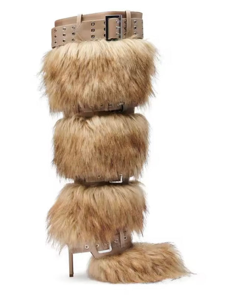 Women Buckled Fashion Faux Fur High Heel Boots