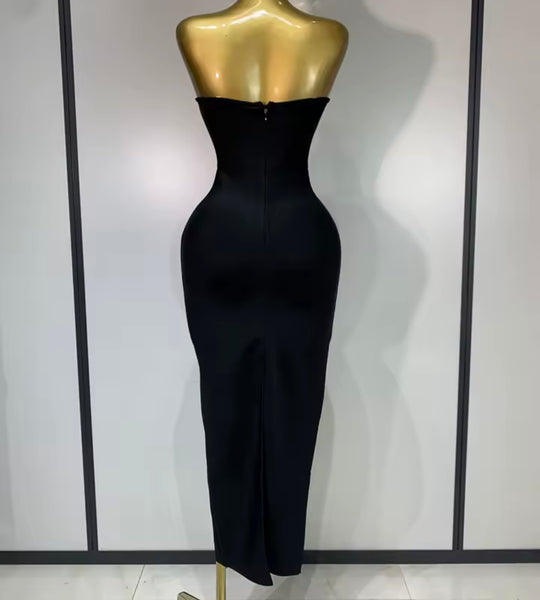 Women Sexy Black Strapless Floral Rhinestone Maxi Dress