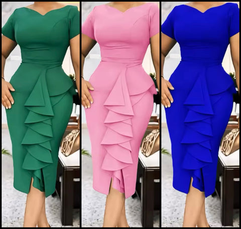 Women Sexy Short Sleeve Solid Color Ruffled Dress