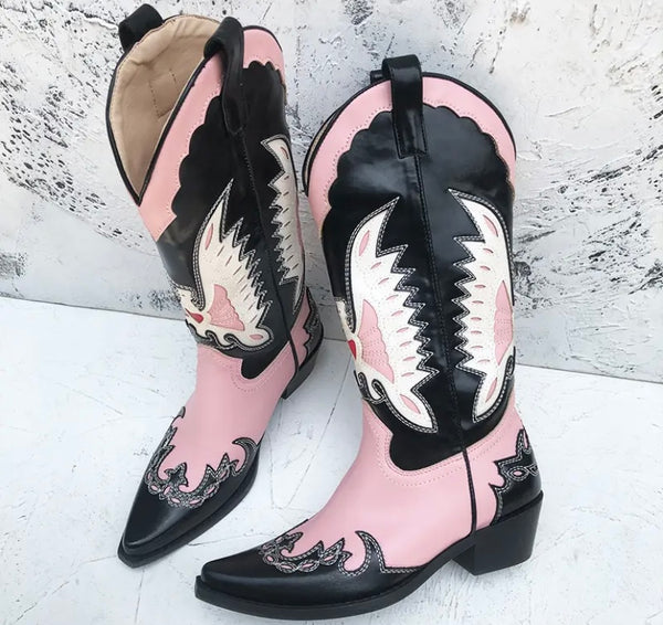 Women Fashion Faux Leather Color Patchwork Western Boots