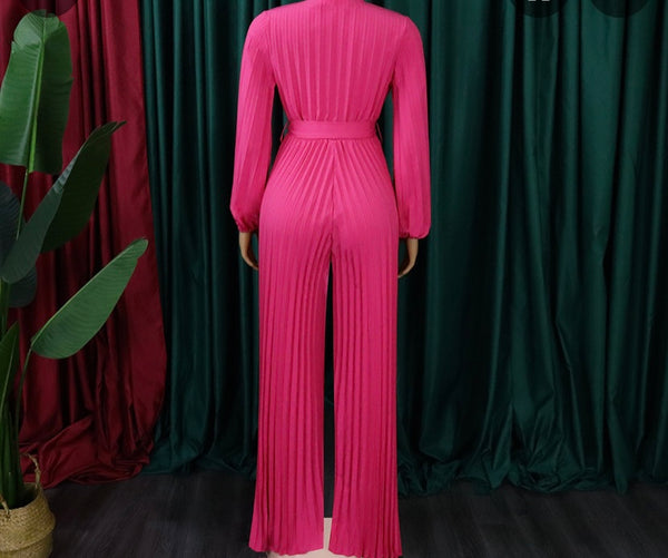 Women Sexy V-Neck Full Sleeve Belted Pleated Jumpsuit