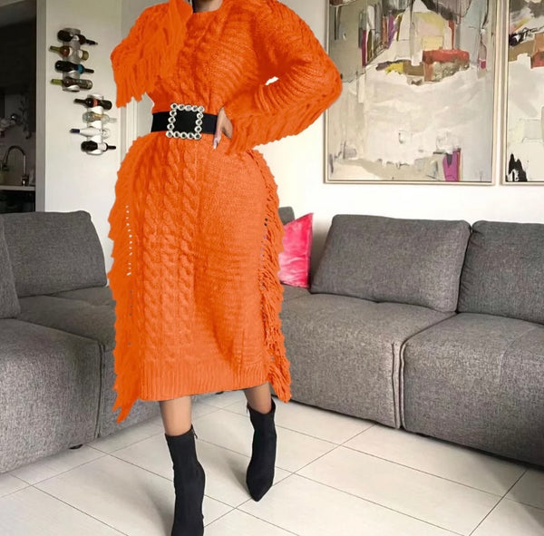 Women Full Sleeve Fringe Fashion Sweater Maxi Dress