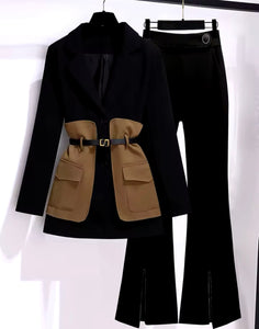 Women Color Patchwork Belted Full Sleeve Blazer Two Piece Pant Set