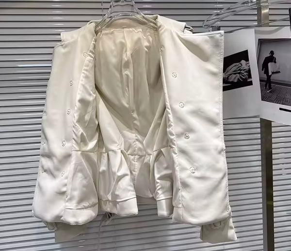 Women Fashion Button Belted Faux Leather Jacket
